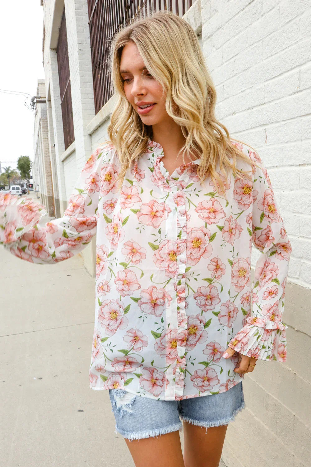 The Feminine Touch Chiffon Button-Down Floral Ruffle Sleeve Blouse | Daverri Fashions