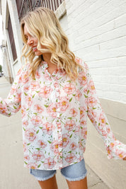 The Feminine Touch Chiffon Button-Down Floral Ruffle Sleeve Blouse | Daverri Fashions