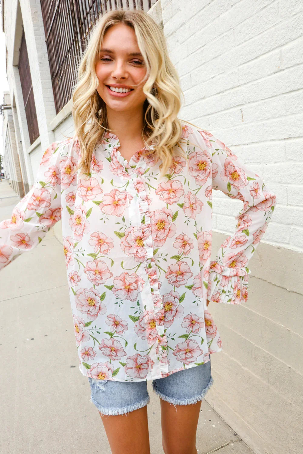 The Feminine Touch Chiffon Button-Down Floral Ruffle Sleeve Blouse | Daverri Fashions