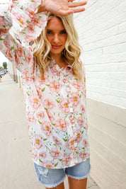 The Feminine Touch Chiffon Button-Down Floral Ruffle Sleeve Blouse | Daverri Fashions