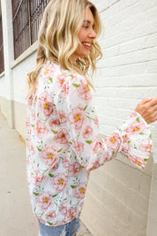 The Feminine Touch Chiffon Button-Down Floral Ruffle Sleeve Blouse | Daverri Fashions