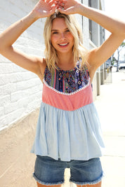 Vacay Vibes Coral/Blue Boho Print Color Block Sleeveless Top | 07-01-25 Summer Sale Daverri Fashions