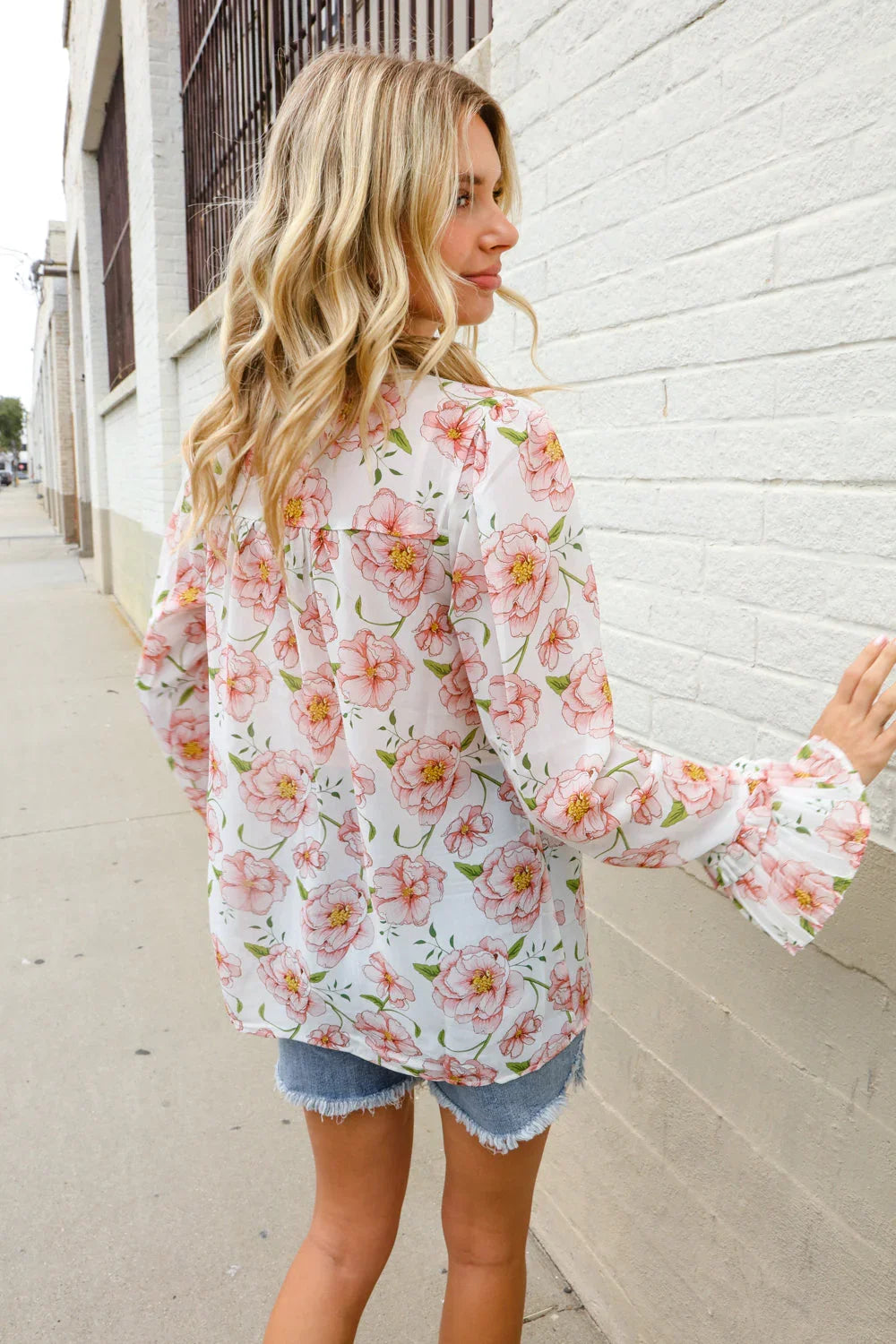 The Feminine Touch Chiffon Button-Down Floral Ruffle Sleeve Blouse | Daverri Fashions