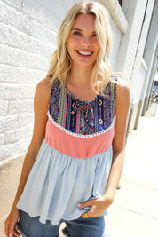Vacay Vibes Coral/Blue Boho Print Color Block Sleeveless Top | 07-01-25 Summer Sale Daverri Fashions
