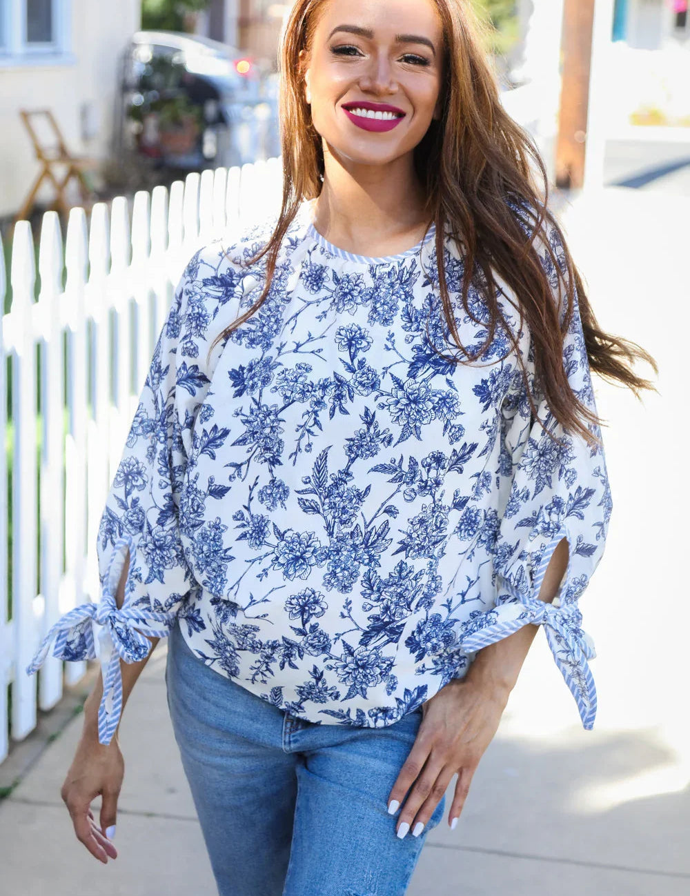 Vintage Chic Navy & Ivory Three-Quarter Bow Sleeve Contrast Stripe Blouse | Daverri Fashions