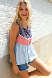 Vacay Vibes Coral/Blue Boho Print Color Block Sleeveless Top | 07-01-25 Summer Sale Daverri Fashions