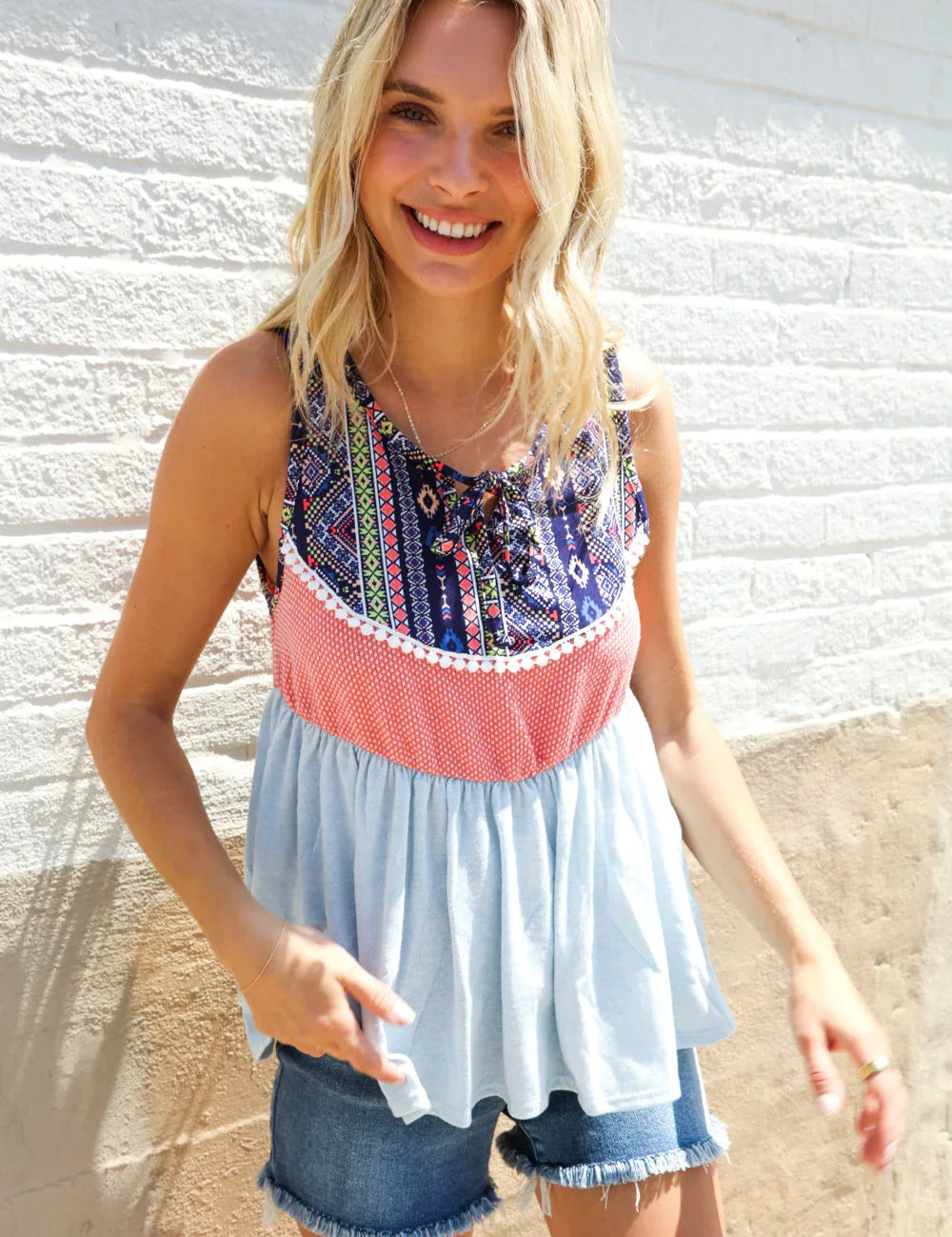 Blue Boho Print Color Block Sleeveless Top | 07-01-25 Summer Sale Daverri Fashions