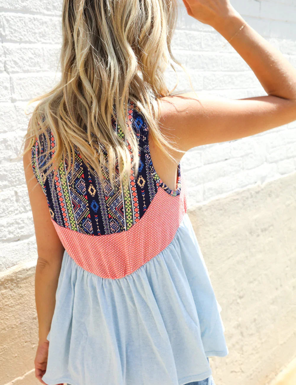 Blue Boho Print Color Block Sleeveless Top | 07-01-25 Summer Sale Daverri Fashions