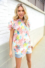 Eyes On You Ivory Abstract Print Frill Neck Double Flutter Sleeve Top | Daverri Fashions