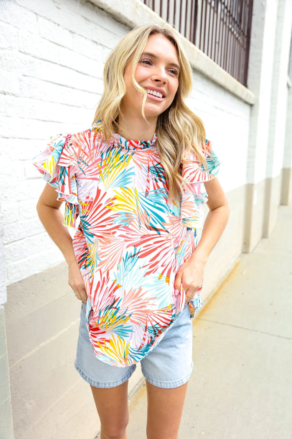 Eyes On You Ivory Abstract Print Frill Neck Double Flutter Sleeve Top | Daverri Fashions