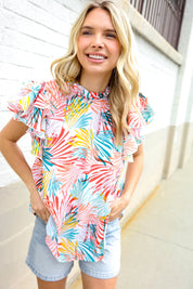 Eyes On You Ivory Abstract Print Frill Neck Double Flutter Sleeve Top | Daverri Fashions