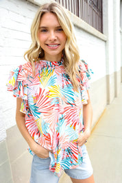 Eyes On You Ivory Abstract Print Frill Neck Double Flutter Sleeve Top | Daverri Fashions