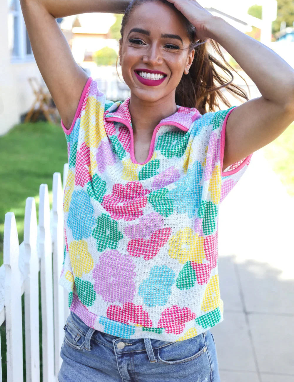 Spring Vibes Multicolor Floral Collar Notch Neck Waffle Knit Top | Daverri Fashions