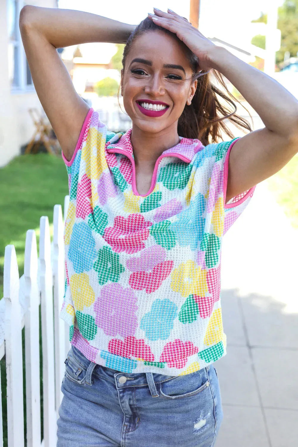 Spring Vibes Multicolor Floral Collar Notch Neck Waffle Knit Top - DAVERRI FASHIONS