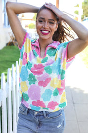 Spring Vibes Multicolor Floral Collar Notch Neck Waffle Knit Top - DAVERRI FASHIONS