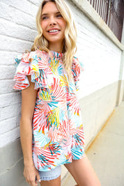 Eyes On You Ivory Abstract Print Frill Neck Double Flutter Sleeve Top | Daverri Fashions