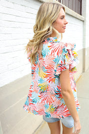 Eyes On You Ivory Abstract Print Frill Neck Double Flutter Sleeve Top | Daverri Fashions