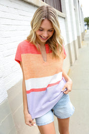 Lock Eyes Coral Notched Neck Drop Shoulder Sweater Top | Daverri Fashions