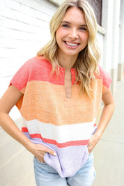 Lock Eyes Coral Notched Neck Drop Shoulder Sweater Top | Daverri Fashions