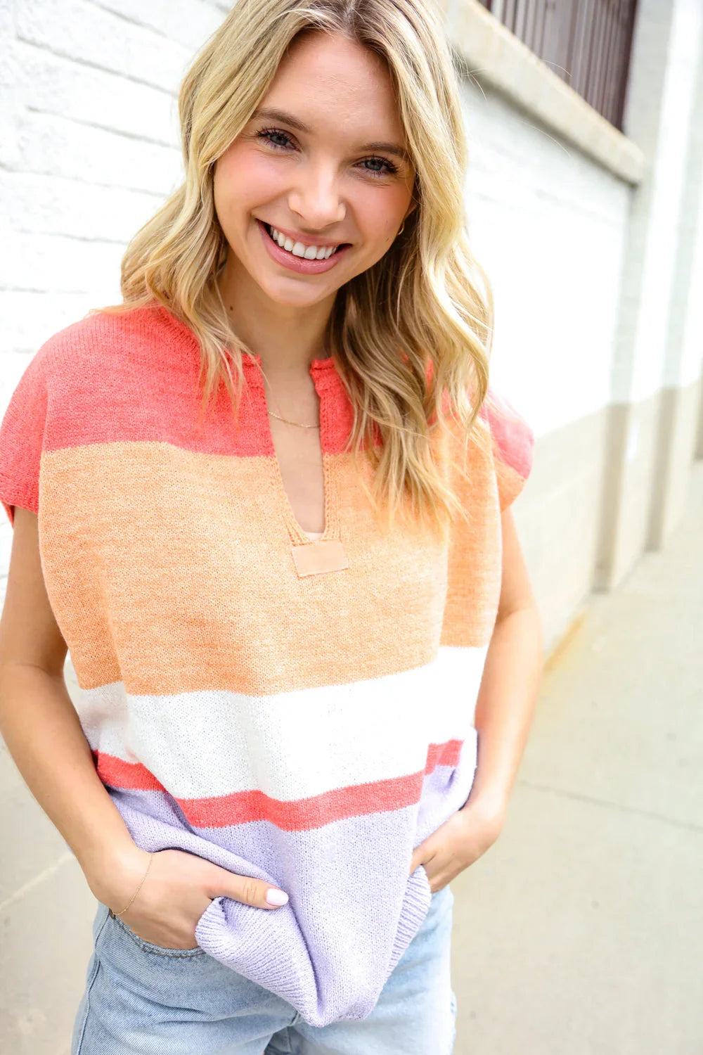 Lock Eyes Coral Notched Neck Drop Shoulder Sweater Top | Daverri Fashions