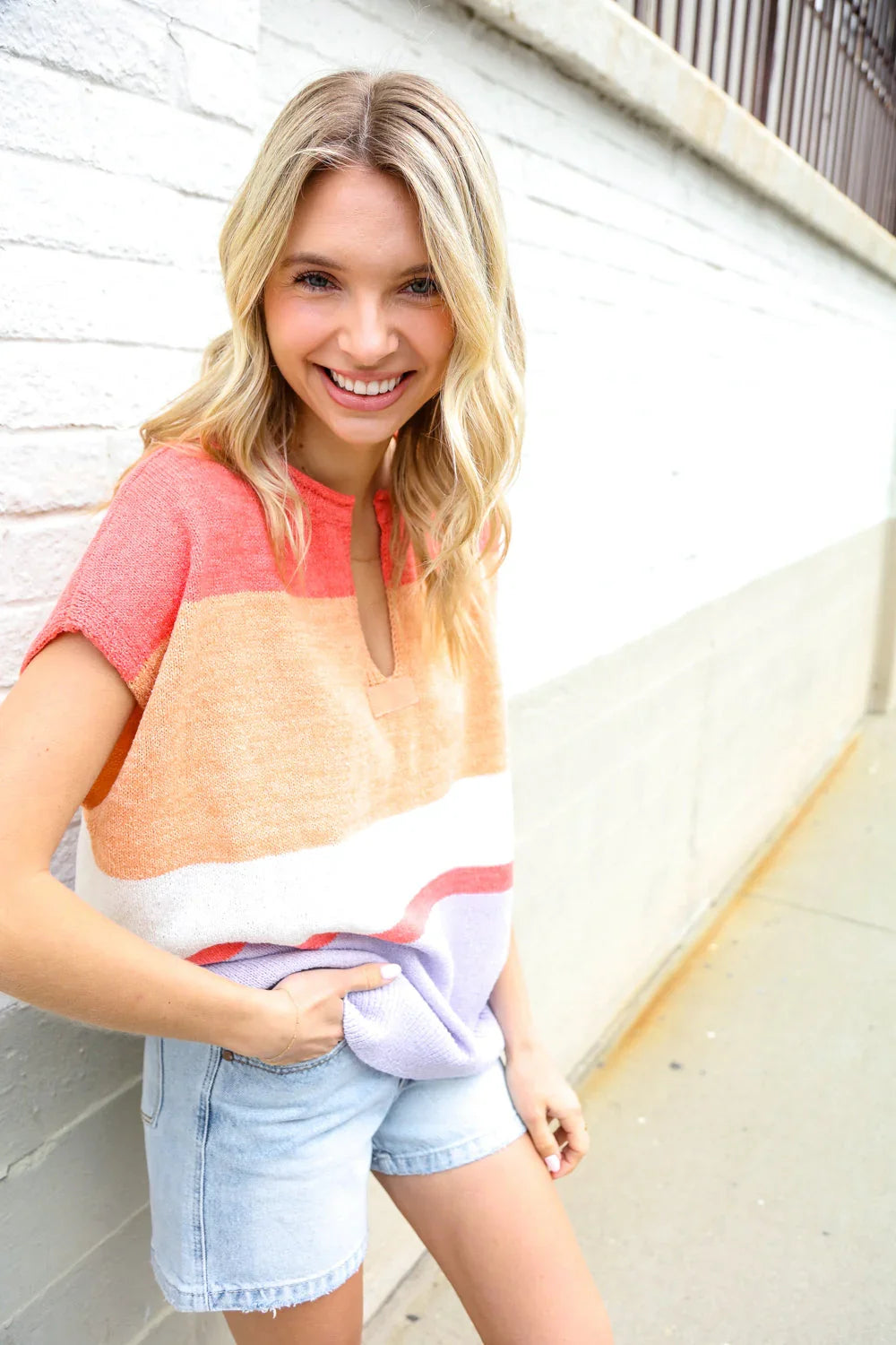 Lock Eyes Coral Notched Neck Drop Shoulder Sweater Top | Daverri Fashions