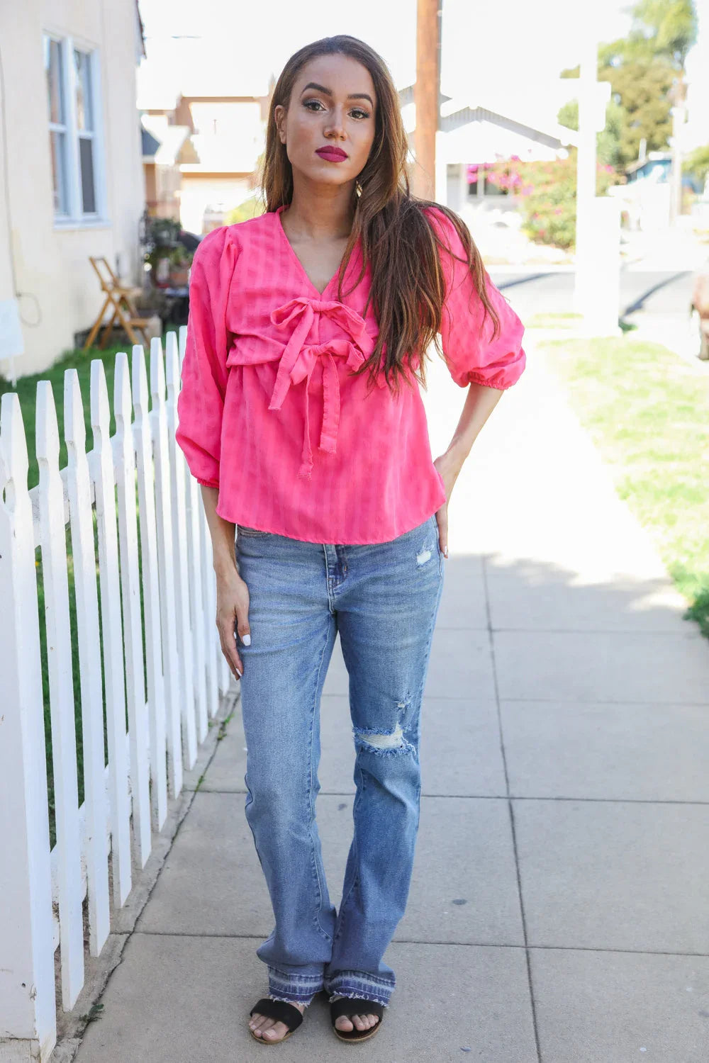 Stay With Me Pink V Neck Ribbon Bow Babydoll Woven Blouse | Daverri Fashions