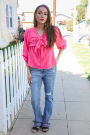 Stay With Me Pink V Neck Ribbon Bow Babydoll Woven Blouse | Daverri Fashions