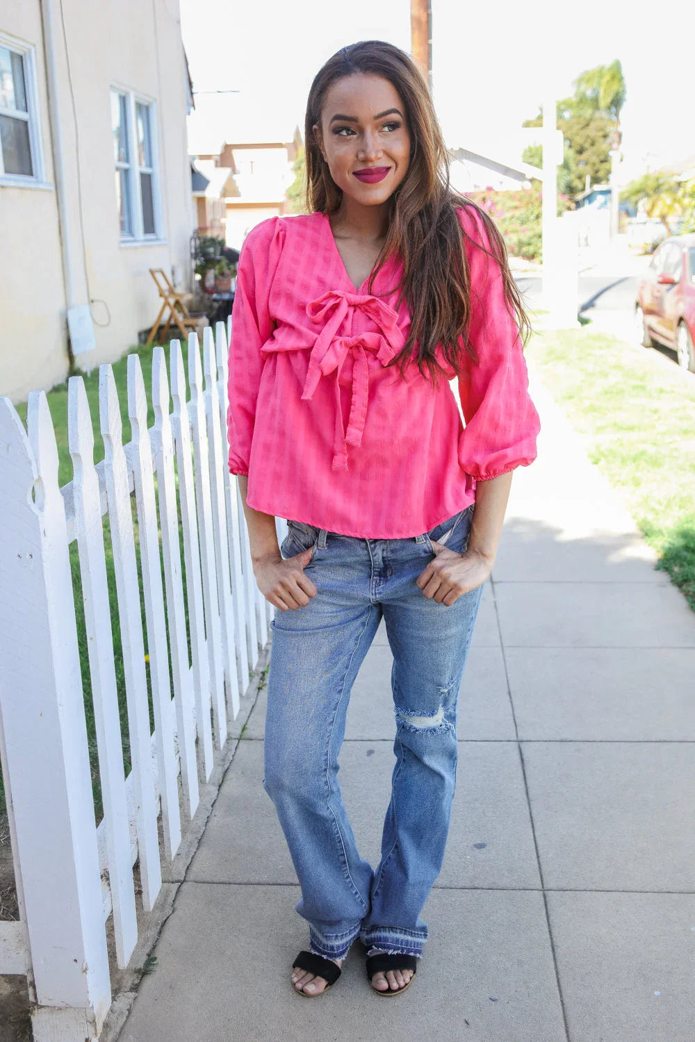 Stay With Me Pink V Neck Ribbon Bow Babydoll Woven Blouse | Daverri Fashions