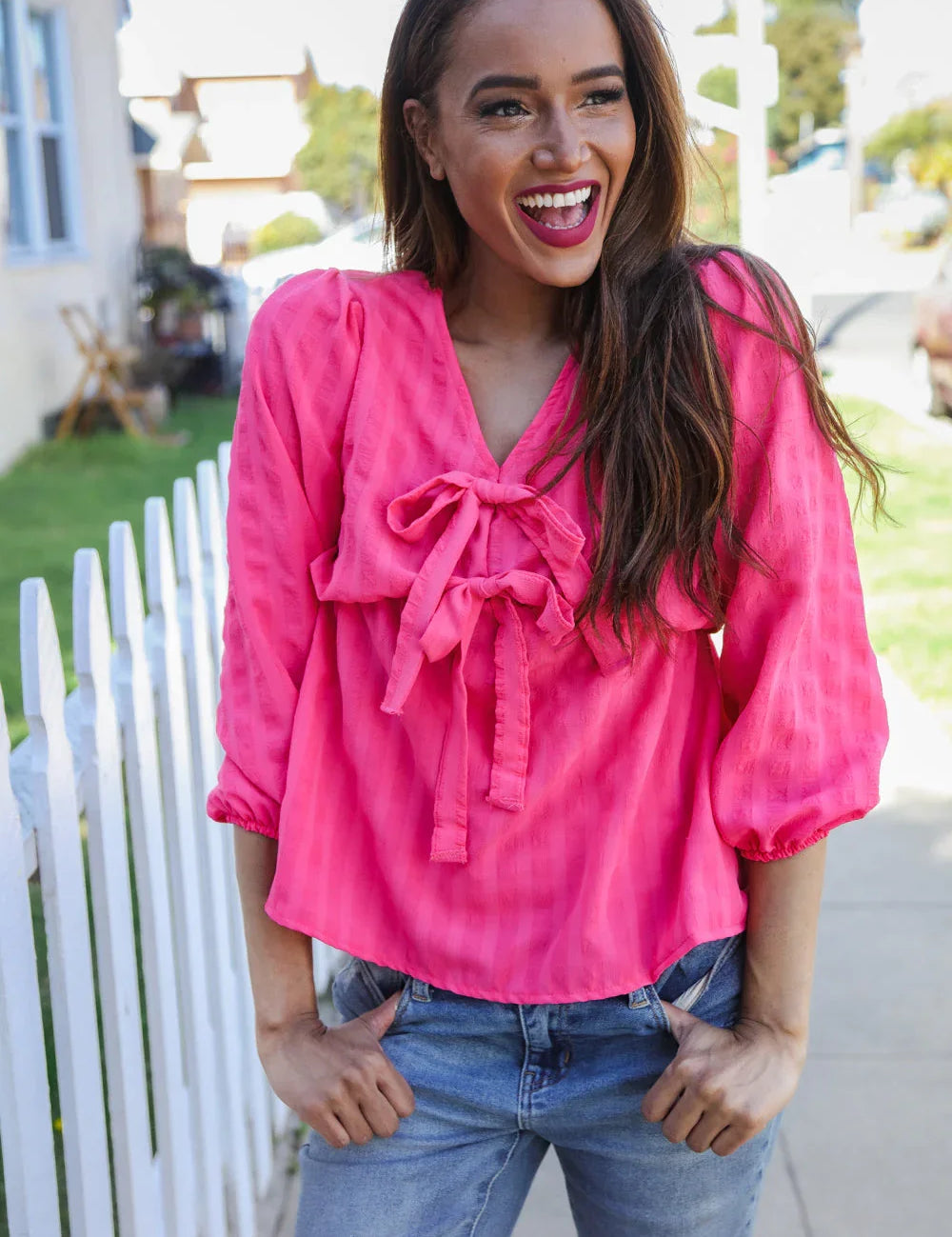 Stay With Me Pink V Neck Ribbon Bow Babydoll Woven Blouse | Daverri Fashions