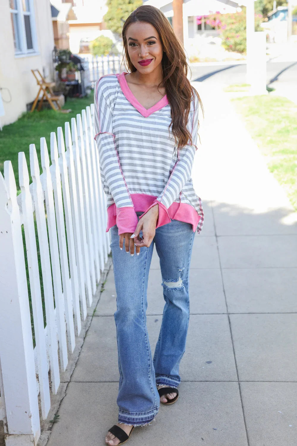 Weekend Ready Heather Grey Stripe Hi-Lo Out Seam Stitch Pullover | Daverri Fashions