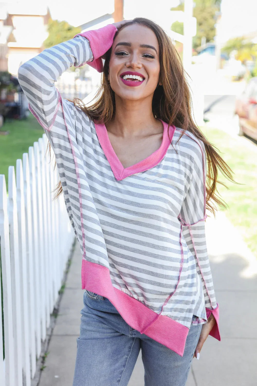Weekend Ready Heather Grey Stripe Hi-Lo Out Seam Stitch Pullover | Daverri Fashions