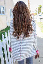 Weekend Ready Heather Grey Stripe Hi-Lo Out Seam Stitch Pullover | Daverri Fashions