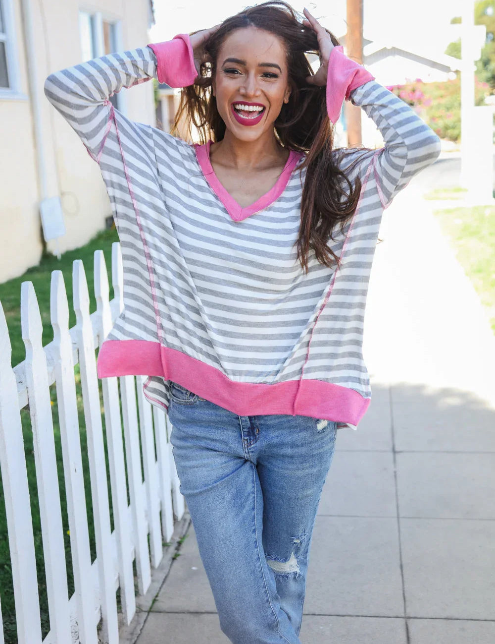 Weekend Ready Heather Grey Stripe Hi-Lo Out Seam Stitch Pullover | Daverri Fashions