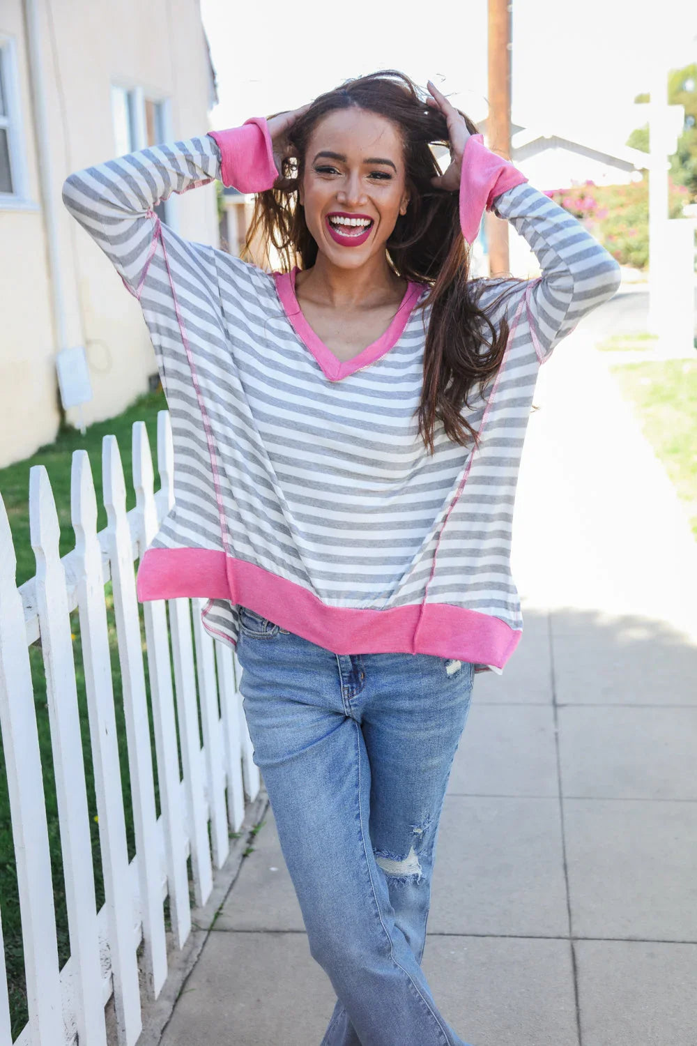 Weekend Ready Heather Grey Stripe Hi-Lo Out Seam Stitch Pullover | Daverri Fashions