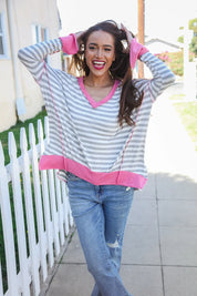 Weekend Ready Heather Grey Stripe Hi-Lo Out Seam Stitch Pullover | Daverri Fashions