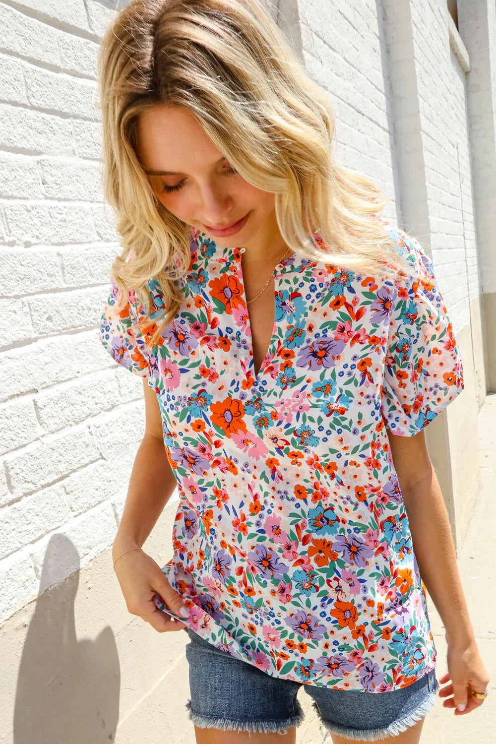 Beautiful You Ivory Floral Print Notch Neck Puff Short Sleeve Top | Daverri Fashions