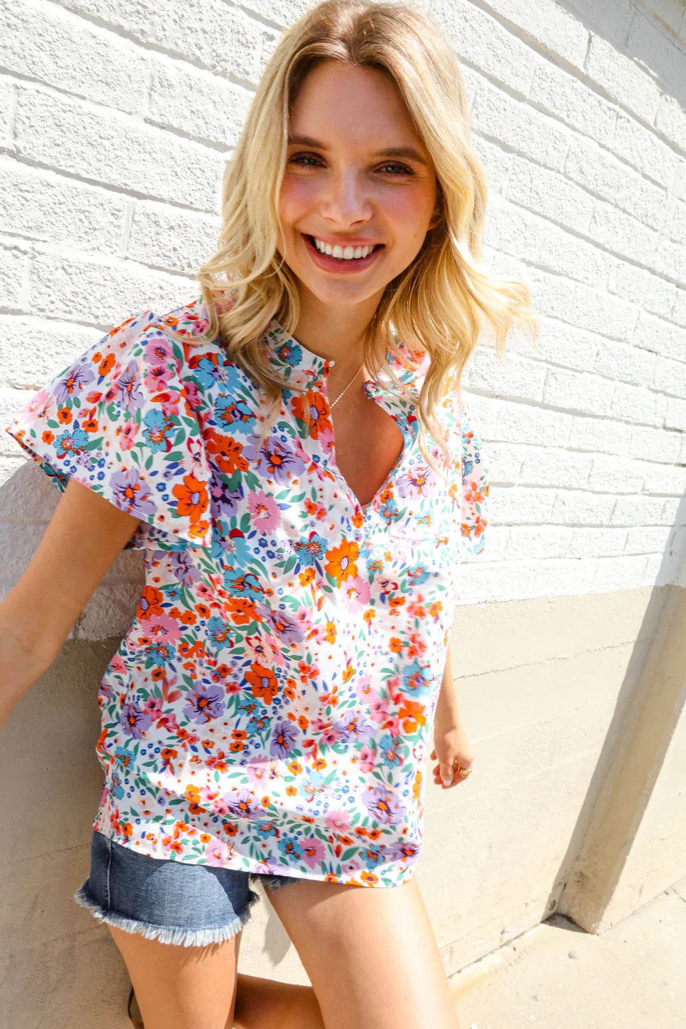 Beautiful You Ivory Floral Print Notch Neck Puff Short Sleeve Top | Daverri Fashions