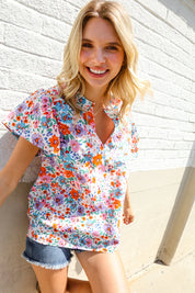 Beautiful You Ivory Floral Print Notch Neck Puff Short Sleeve Top | Daverri Fashions