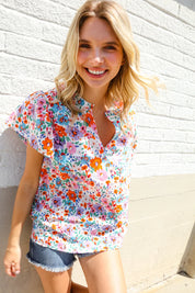 Beautiful You Ivory Floral Print Notch Neck Puff Short Sleeve Top | Daverri Fashions