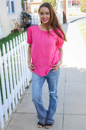 Perfectly You Solid Fuchsia Silk Shirred Cap Short Sleeve Blouse | Daverri Fashions
