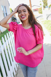Perfectly You Solid Fuchsia Silk Shirred Cap Short Sleeve Blouse | Daverri Fashions