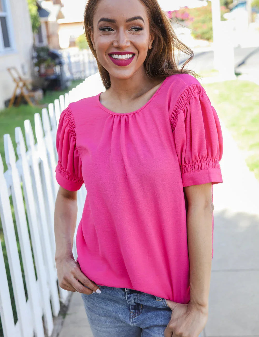 Perfectly You Solid Fuchsia Silk Shirred Cap Short Sleeve Blouse | Daverri Fashions