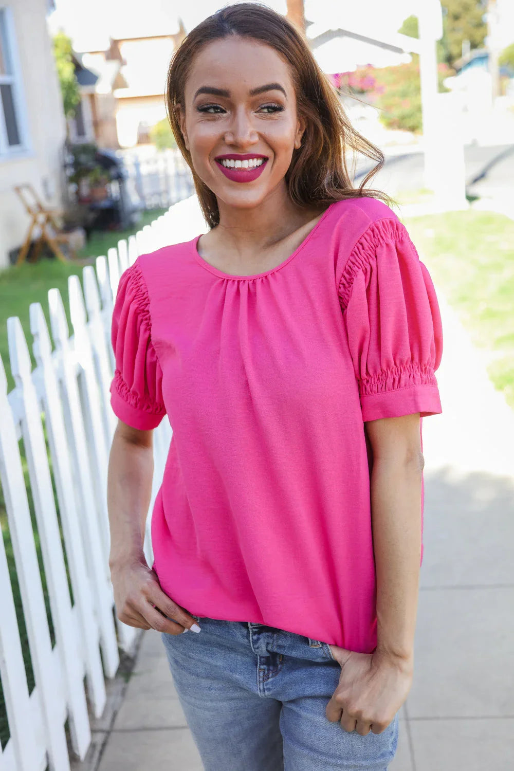 Perfectly You Solid Fuchsia Silk Shirred Cap Short Sleeve Blouse | Daverri Fashions