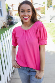 Perfectly You Solid Fuchsia Silk Shirred Cap Short Sleeve Blouse | Daverri Fashions