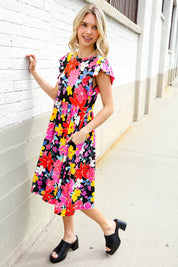 Spread Joy Black & Multicolor Floral Flutter Sleeve Babydoll Dress | Daverri Fashions