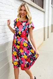 Spread Joy Black & Multicolor Floral Flutter Sleeve Babydoll Dress | Daverri Fashions