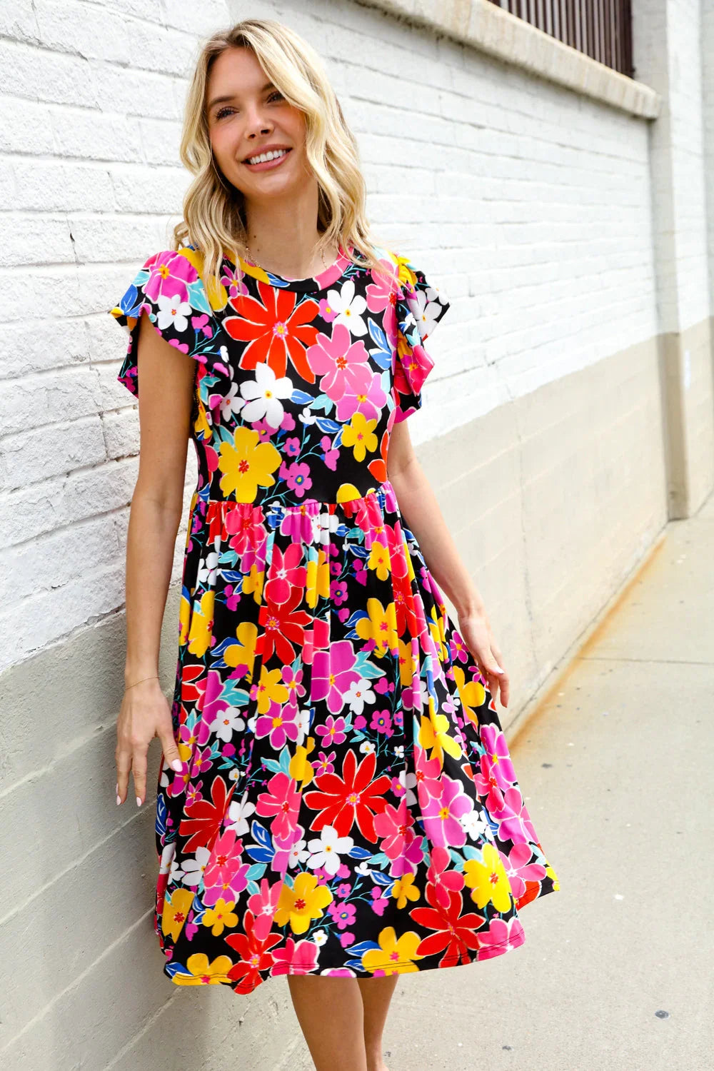 Spread Joy Black & Multicolor Floral Flutter Sleeve Babydoll Dress | Daverri Fashions