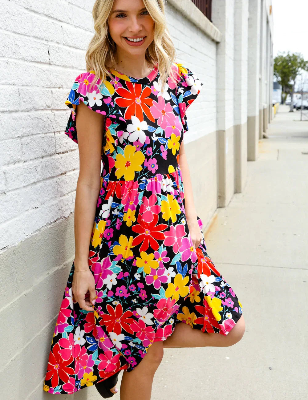 Spread Joy Black & Multicolor Floral Flutter Sleeve Babydoll Dress | Daverri Fashions