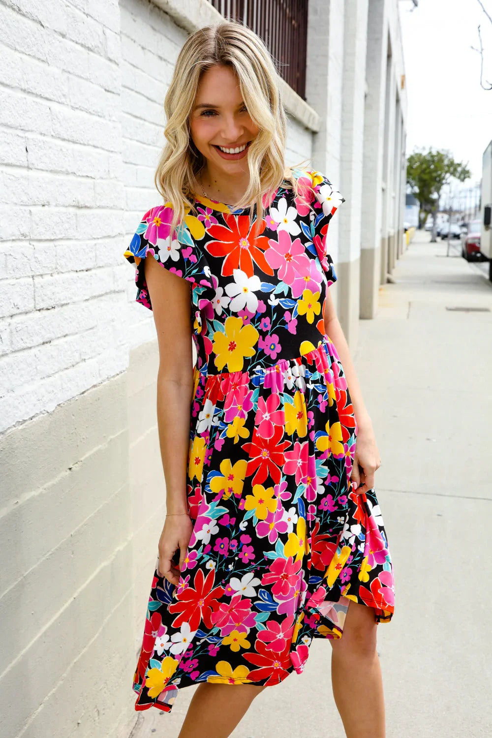 Spread Joy Black & Multicolor Floral Flutter Sleeve Babydoll Dress | Daverri Fashions