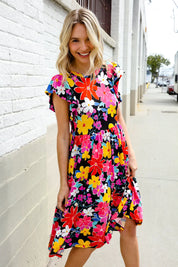 Spread Joy Black & Multicolor Floral Flutter Sleeve Babydoll Dress | Daverri Fashions